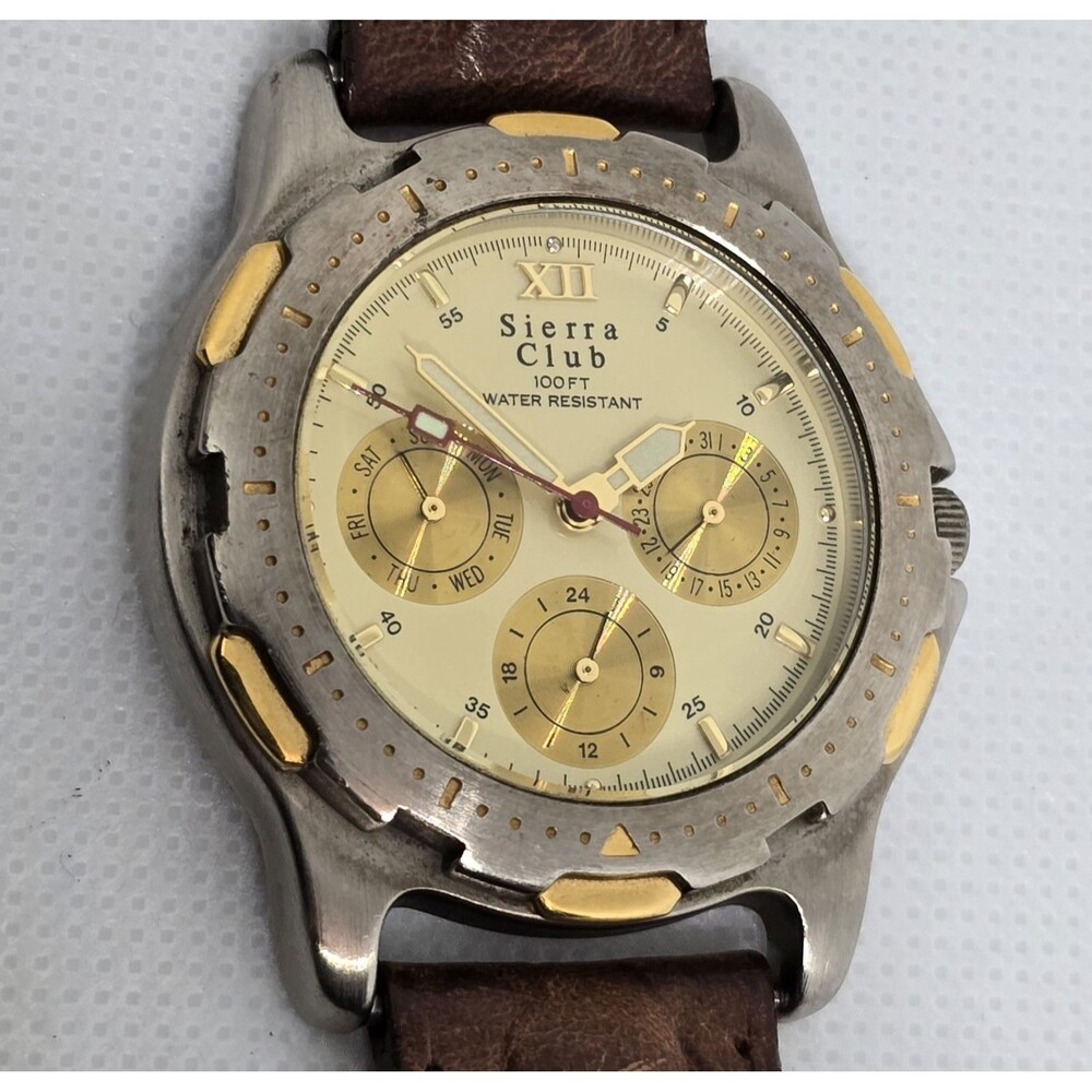 Men's Sierra Club Classic 3 Eye Silver Gold Tone Case Brown Strap Watch 13 - Picture 8 of 10